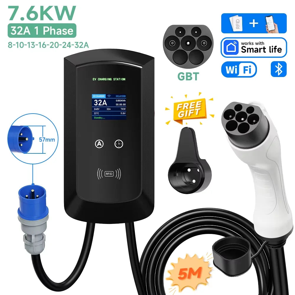 AFYEEV 22KW GB/T EV Charging Station 32A Electric Vehicle Car Charger EVSE Wallbox Wallmount RFID WiFi Bluetooth APP Control