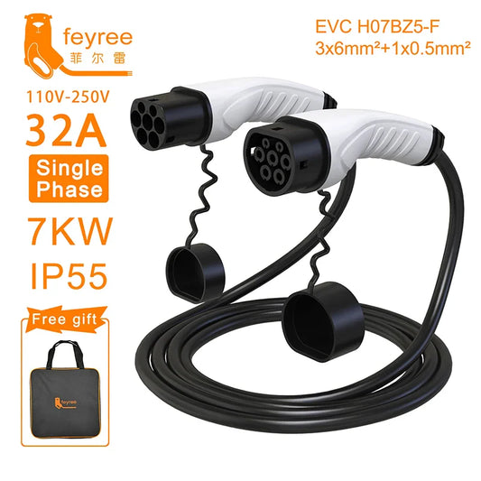 feyree EV Charger Type2 Cable Female Car Side to Type2 Male Plug 16A 3.5KW 32A 7KW 1Phase 11KW 22KW 3 Phase for Electric Car by 54Grid - Renewable Energy Store
