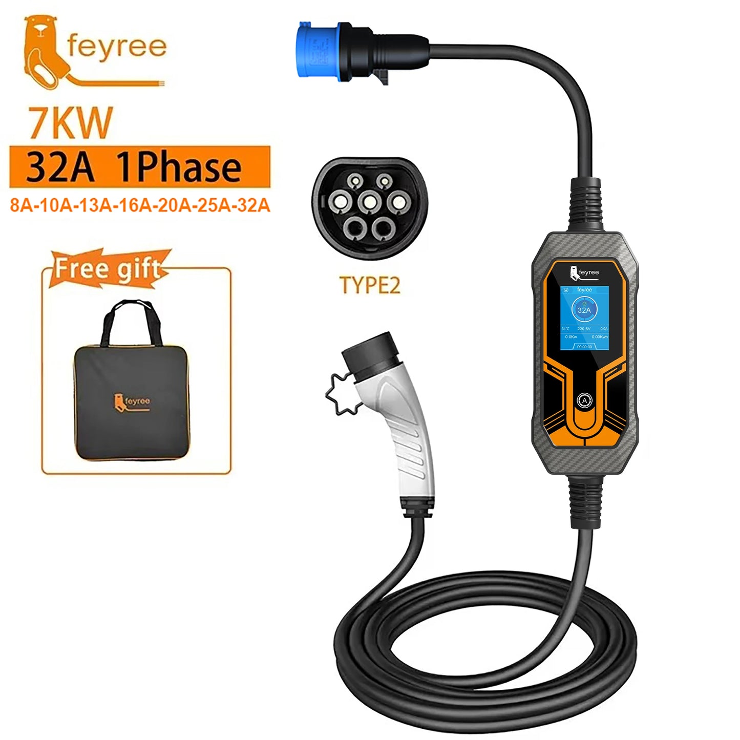 feyree Type2 7KW 32A 1Phase Portable EV Charger 5m Cable Current Adjustable EVSE Wallbox Charging Box for Electric Car Charger