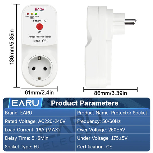 Automatic Voltage Protector Socket Switch 16A AC 230V 50/60Hz Power Surge Protection EU Socket Type Volt Safe For Home Appliance