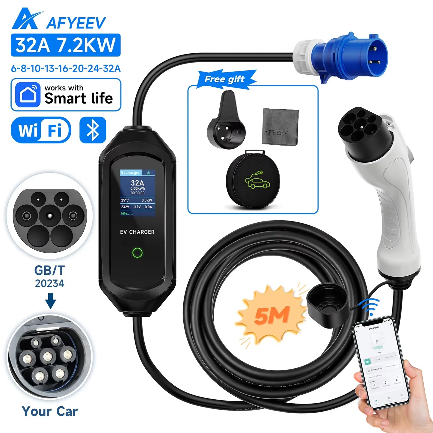 AFYEEV 32A 7.2KW Portable EV Charger Type2 Type1 Electric Vehicle Charger GB/T EVSE Charging Cable Wi-Fi Bluetooth APP Control