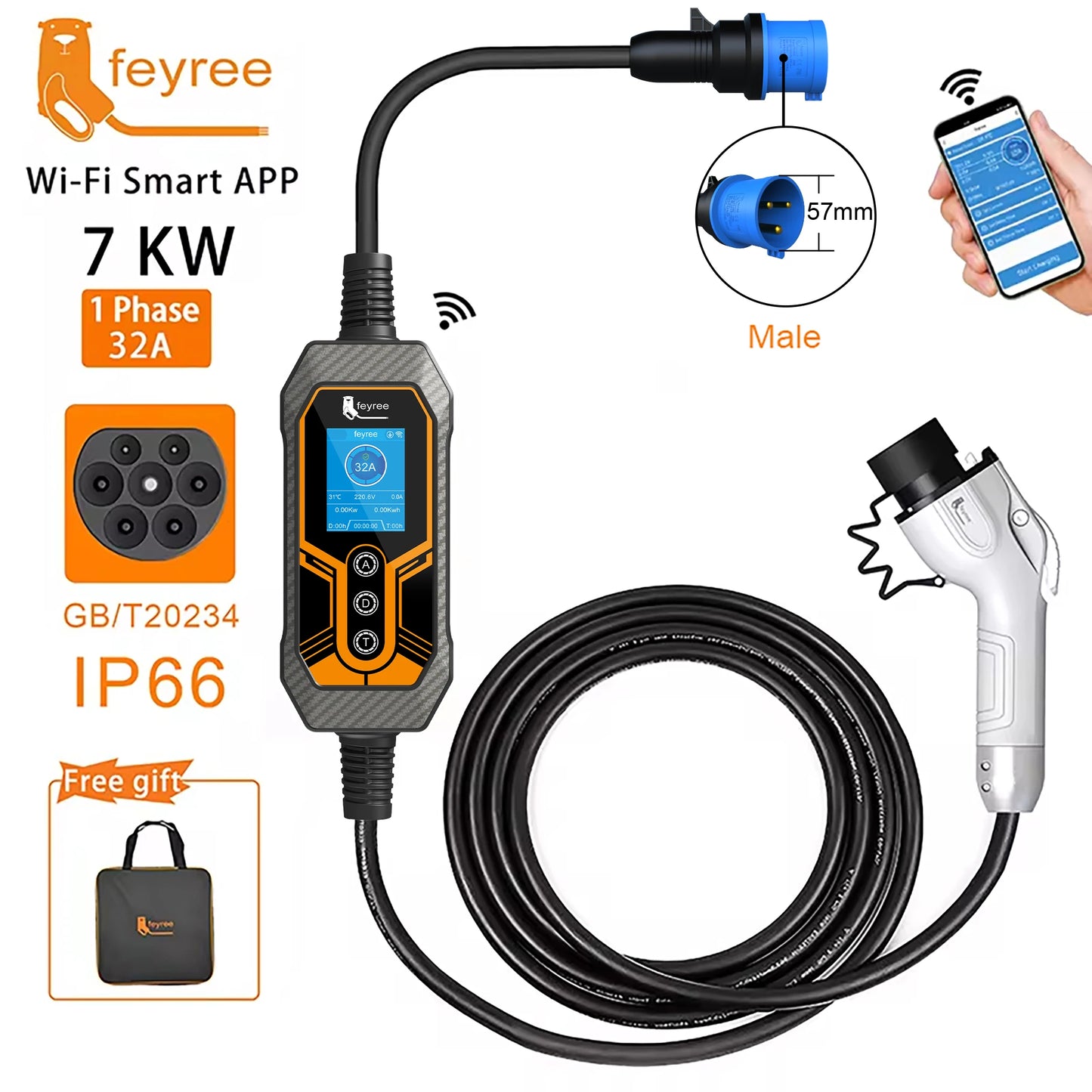 feyree GB/T Cord 32A 7KW 1Phase Smart APP WiFi Control Bluetooth Version
