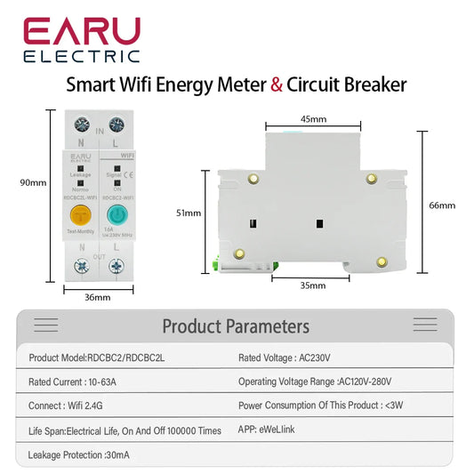 2P WIFI Circuit Breaker Energy Power kWh Meter Time Timer Switch Relay Voltmeter Current Leakage Protection RCBO Remote Control by 54Grid - Renewable Energy Store