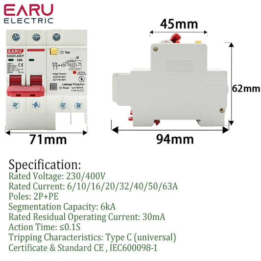 230V 2P SPD Residual Current Circuit Breaker With Overload Overvoltage RCBO RCCB With Lightning Protection MCB Leakage Protector by 54Grid - Renewable Energy Store