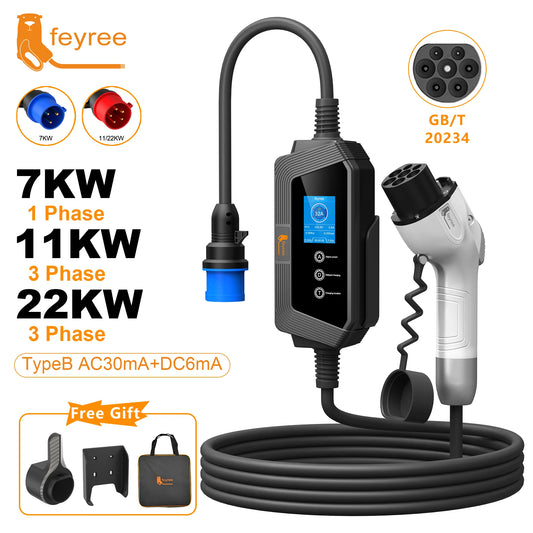 feyree EV Charger GBT Plug 7KW 32A 1P 5M Cable 22KW 11KW 3P Fast Charging for Electric Vehicle Car EVSE Portable Charging Box