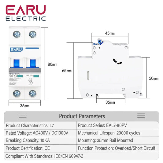 2P DC 1000V AC 400V MCB Solar PV Mini Circuit Breaker 6A-80A Overload Protection Short Circuit Protection Switch Photovoltaic
