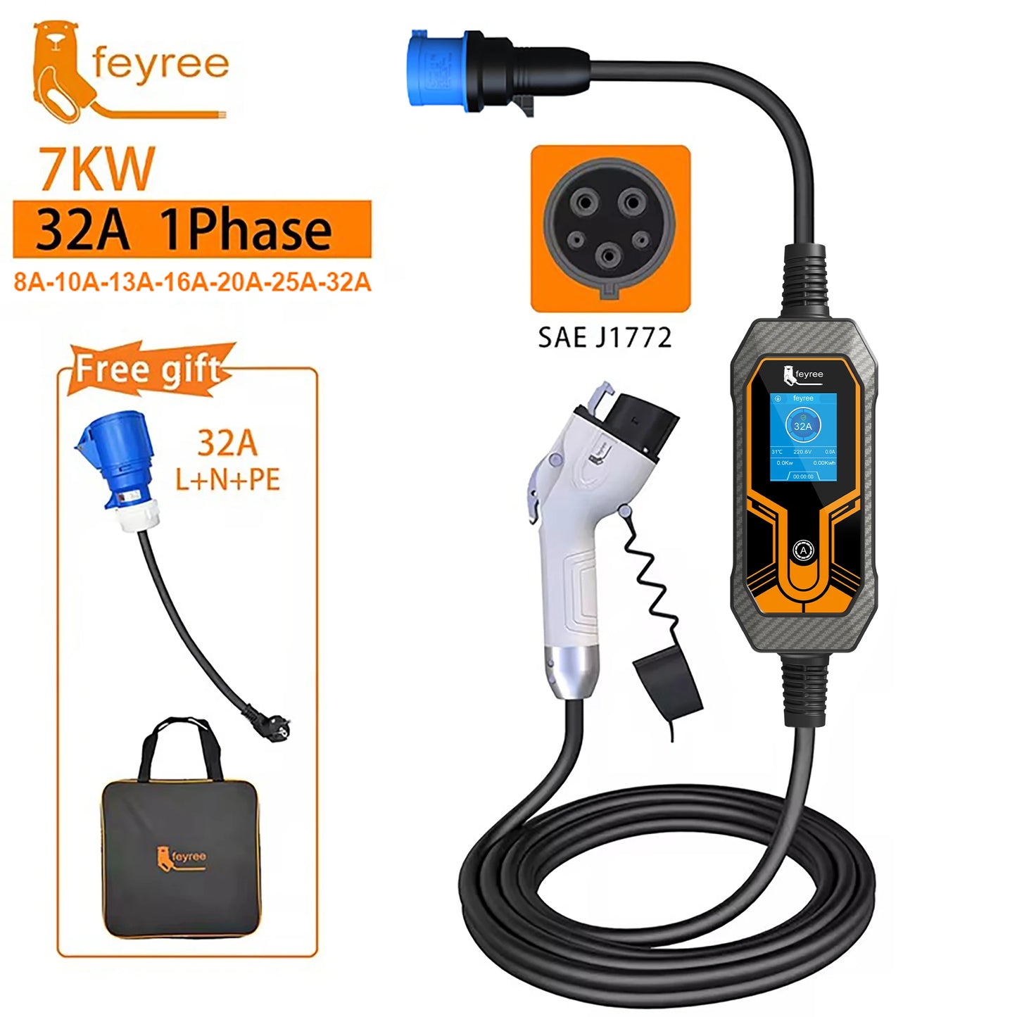 feyree Type1 j1772 7kW 32A 1Phase Portable EV Charger Wallbox with CEE Plug EVSE Charging Box for Electric Car Charger 5m Cable