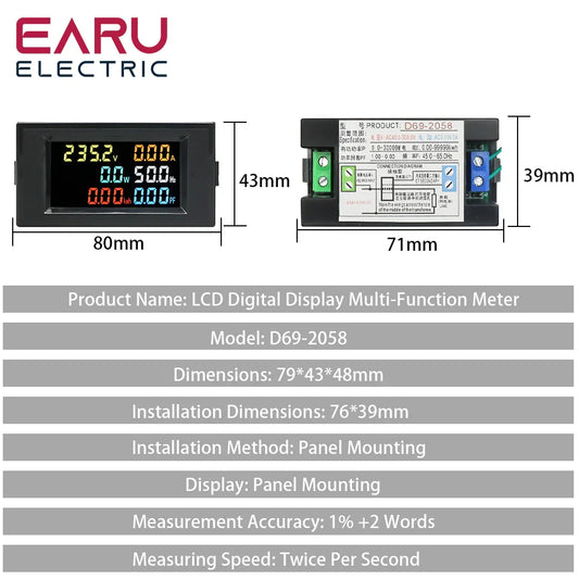 D69-2058 AC Power LCD Digital Voltage Current Power Voltmeter Ammeter KWH Panel Meter Electric Energy Consumption Monitors 100A by 54Grid - Renewable Energy Store
