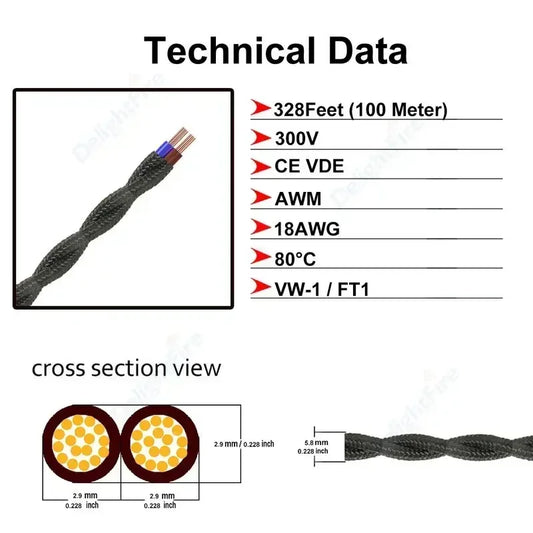 2 Core Vintage Twisted Fabric Electrical Wires 18AWG 2 Pin Lamp Extension Cord by 54Grid - Renewable Energy Store
