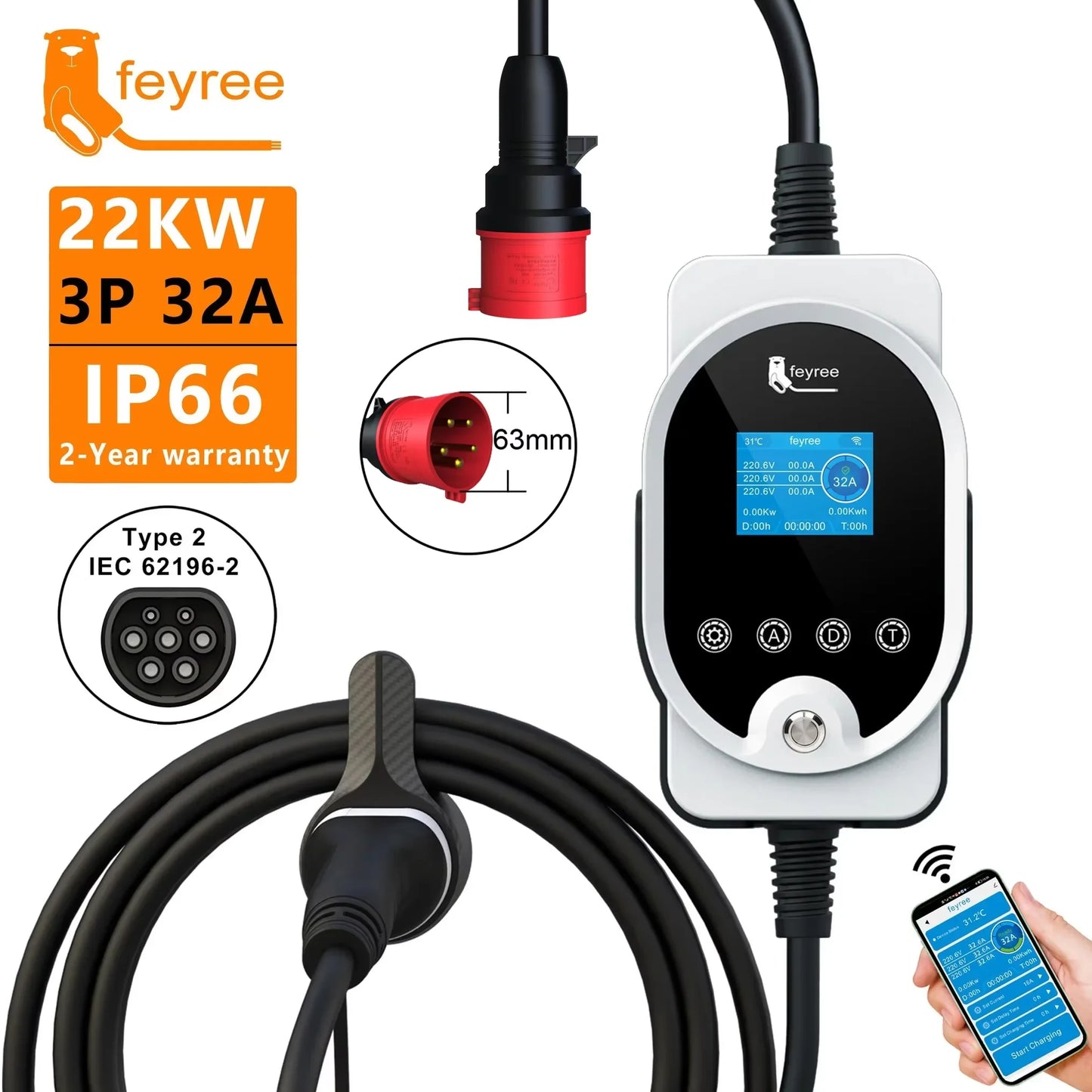 feyree Type2 EV Charger EVSE Wallbox 22KW 11KW 3P Smart APP Wi-Fi Control 7KW 32A 1P Setting Current & Charging Time for EV Car