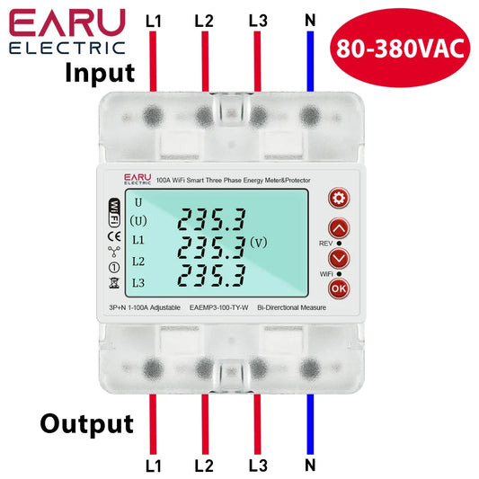 3 Phase 380V 100A Tuya WiFi Smart Bi-Directional Energy Power kWh Meter Over Under Voltage Protector Relay Switch Current Limit by 54Grid - Renewable Energy Store