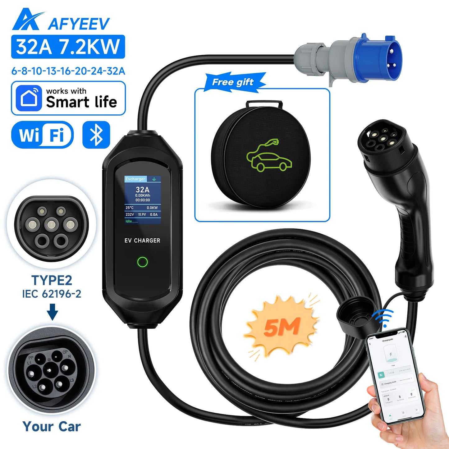 AFYEEV 32A 7.2KW Type2 Type1EV Charger Portable GB/T Electric Vehicle Charger EVSE Charging Cable WiFi Bluetooth APP Control