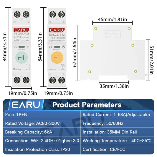 Tuya ZigBee WiFi Smart Circuit Breaker 1P+N 63A MCB Timer Relay Switch Energy Meter kWh Voltage Current Protector Remote Control