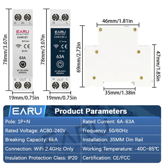 Tuya MCB WiFi Smart Circuit Breaker 1P+N 6-63A Time Relay Energy kWh Voltage Current Meter Protector Voice Remote Control Switch