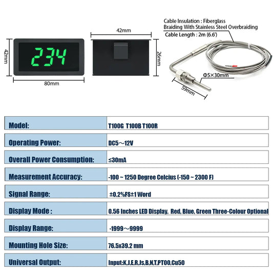 LED Digital Thermometer With EGT Temperature Sensor Weld Bund Combo Kit In Fahrenheit Celsius Adjustable Universal Use PT100 K by 54Grid - Renewable Energy Store