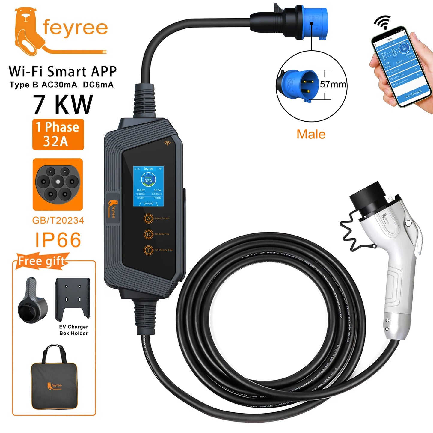 feyree 7KW 32A Adjustable EV Charger GBT Plug APP Bluetooth Version Set Charging Time EVSE Charging Box for Electric Vehicle