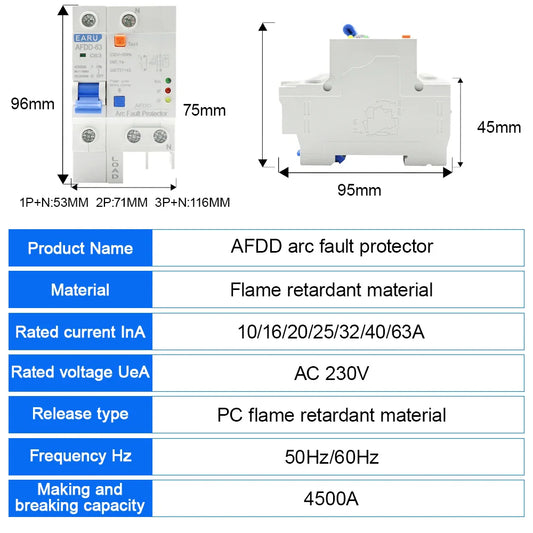 AFDD 63 220V 3P+N Fault Arc Protector Circuit Breaker Short Circuit Protection Overload Protection Leakage Protection RCBO MCB by 54Grid - Renewable Energy Store