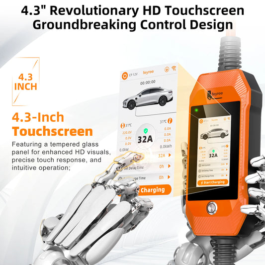 feyree 4.3 inch Touch Screen Type2 7kW 32A Adjustable Portable EV Charger with Adapter Smart APP Wi-Fi Control for Electric Cars