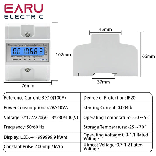 Din Rail AC 230 380V 3 Phase 4 Wire Energy Meter Power Consumption Monitor kWh Meter Wattmeter Bivolt 100A 50/60Hz LCD Backlight by 54Grid - Renewable Energy Store