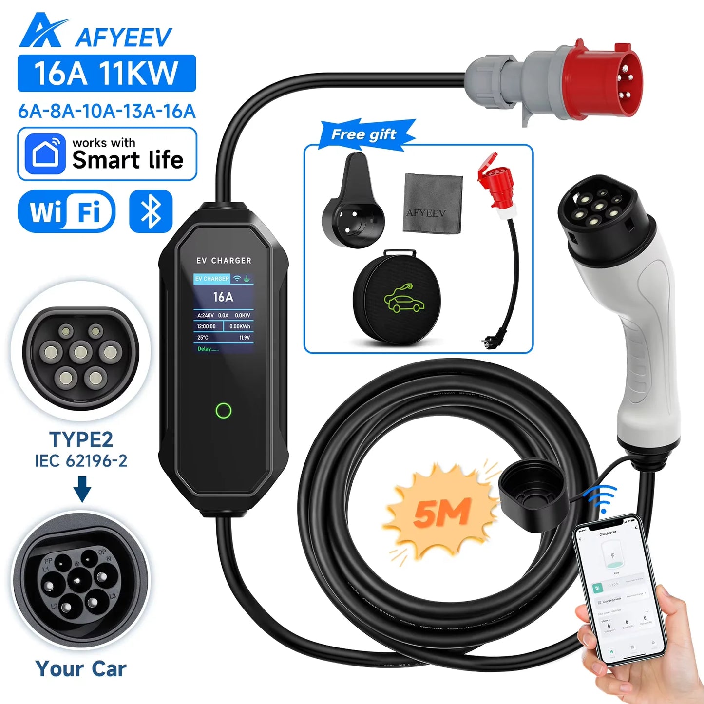 AFYEEV Type2 Portable EV Charger 11KW 16A 3P GBT Car Charger Wi-Fi APP Control EVSE Charging Box CEE Plug for Electric Vehicle