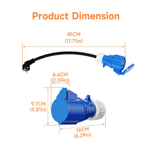 AFYEEV EV Charger CEE Female Plug 3 Pins Bule CEE to Schuko Adapter Wall Socket Extend Cable Connect with 7KW 32A 1Phase Charger