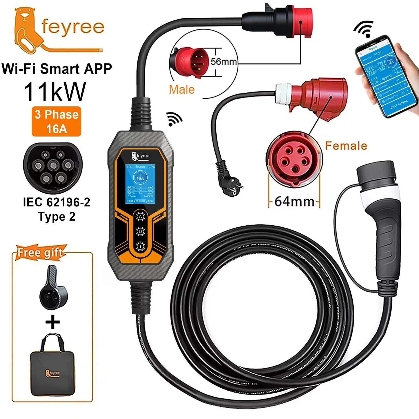 feyree Type2 11kW 16A 3 Phase Portable EV Charger Wi-Fi APP Bluetooth Version EVSE Charging Cable 5m CEE Plug for Electric Car by 54Grid - Renewable Energy Store