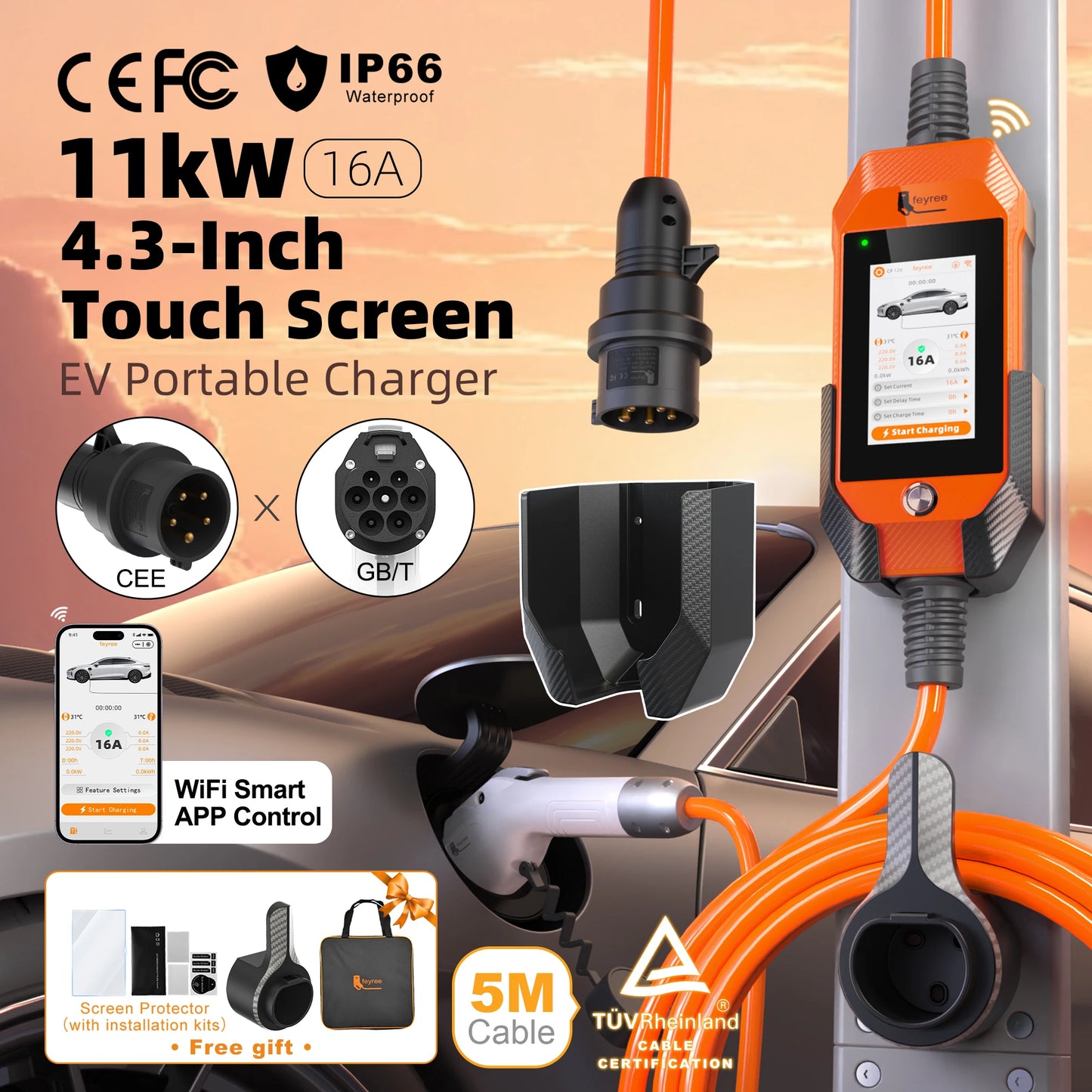 feyree 11kW 16A 3P Portable EV Charger GB/T Plug 4.3" Touchscreen & Charge History WIFI APP Ctrl Smart EVSE for Electric Vehicle