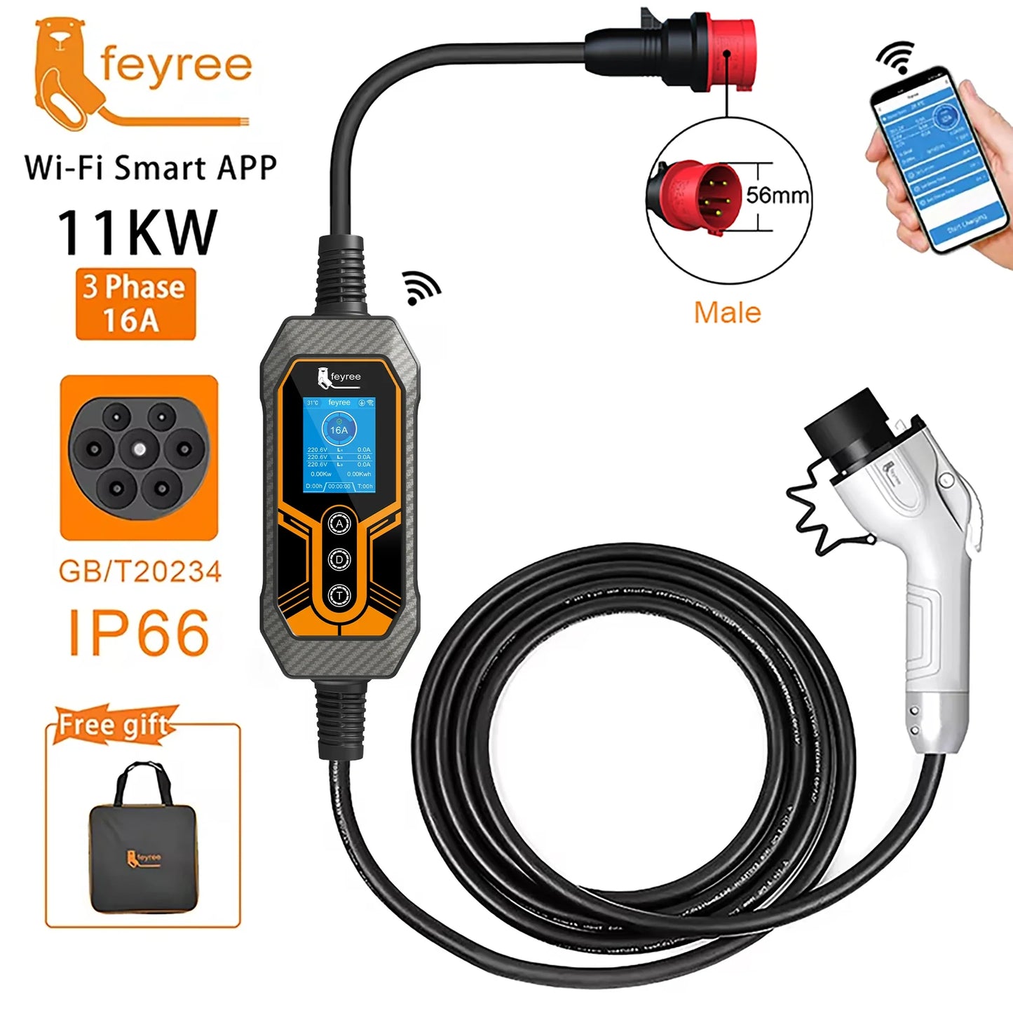 feyree GB/T 11KW 16A 3Phase Portable EV Charger Smart APP WIFI Version 5m Cable Gift Bag for Electric Vehicle Charging Station by 54Grid - Renewable Energy Store