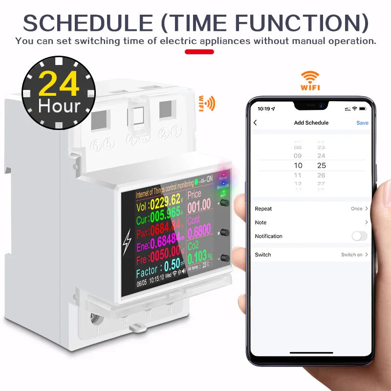 AT4PW 100A Tuya WIFI Din Rail Smart Switch Remote Control AC 220V 110V Digital Power Energy Volt Amp Kwh Frequency Factor Meter by 54Grid - Renewable Energy Store