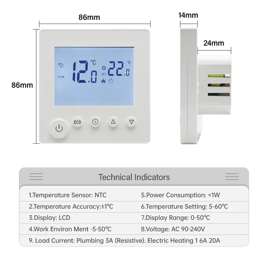 AC90V-240V 3A 16A Water Electric Floor Heating TRV House Room Thermostat Temperature Controller Digital LCD Display Wall Mounted by 54Grid - Renewable Energy Store