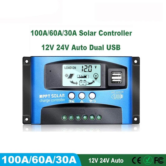 FLTXNY 12V 24V Auto Recognition Solar Panel PV Regulator Battery Charger PWM Solar Charge Controller LCD Dualusb 5V Output by 54Grid - Renewable Energy Store