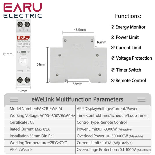 eWeLink WiFi Smart Circuit Breaker MCB 1P 63A Timer Power Energy kWh Voltage Current Meter Protector Voice Remote Control Switch by 54Grid - Renewable Energy Store