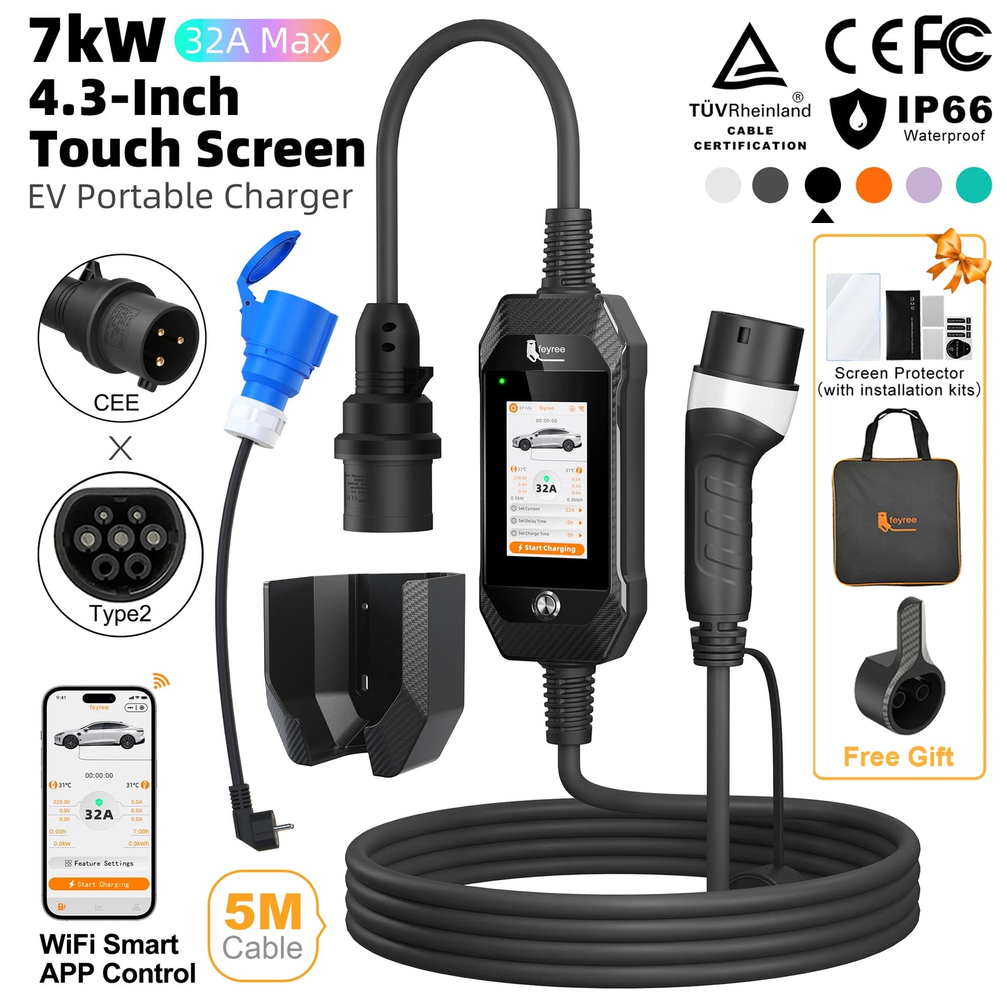 feyree 4.3 Inch Touch Screen Portable 7kW EV Charger Type2 Charging Plug with Smart Wifi APP AC Home Charger Professional Design