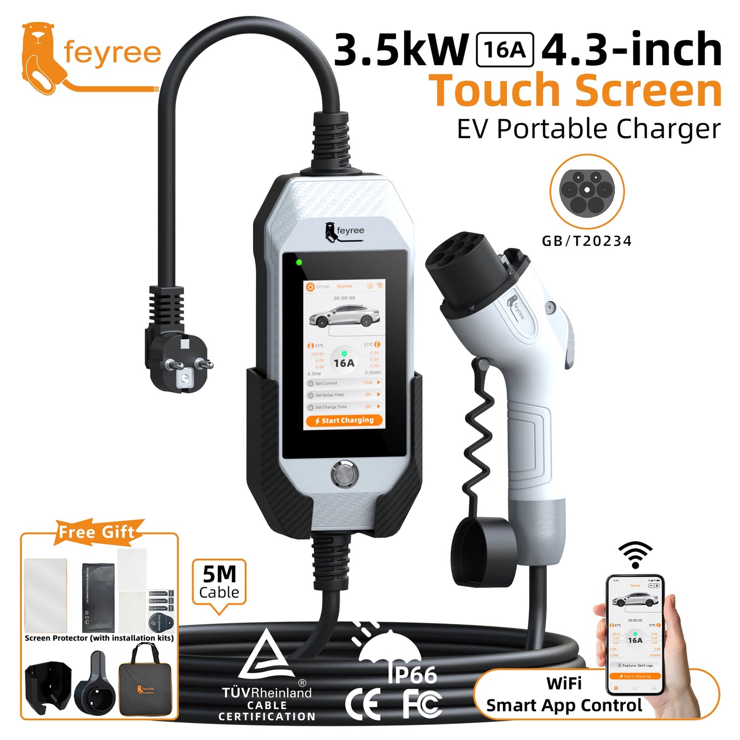 feyree GB/T EV charger 16A 3.5kW 1Phase 4.3'' Touchscreen & Smart APP OTA Version Current Adjustable for Electric Car Charger