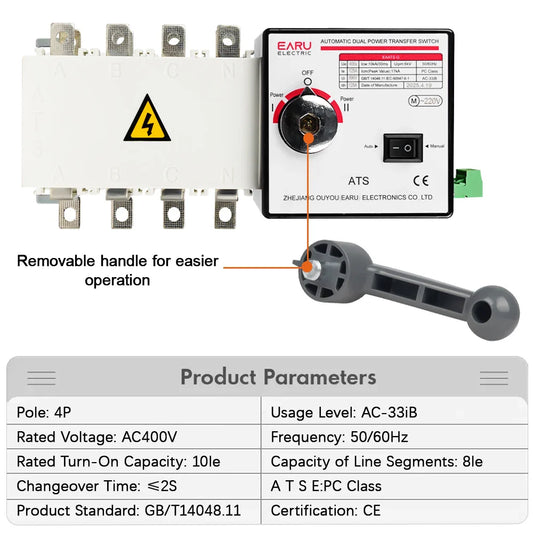 4P 250A AC400V ATS PC Automatic Transfer Switch Electrical Selector Switche Auto or Manual 2 Input 1 Output Uninterrupted Power
