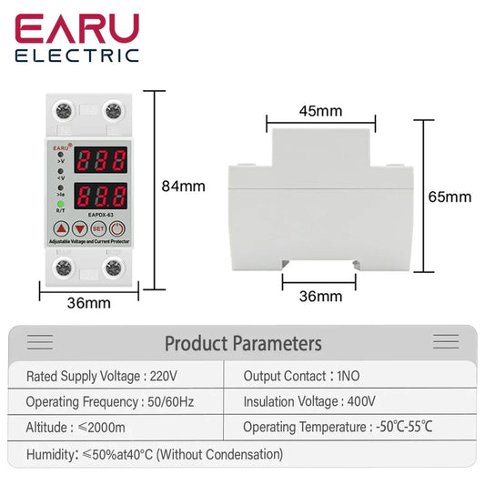 40A 63A 230V Din Rail Adjustable Over Voltage And Under Voltage Protective Device Protector Relay Over Current Protection Limit by 54Grid - Renewable Energy Store