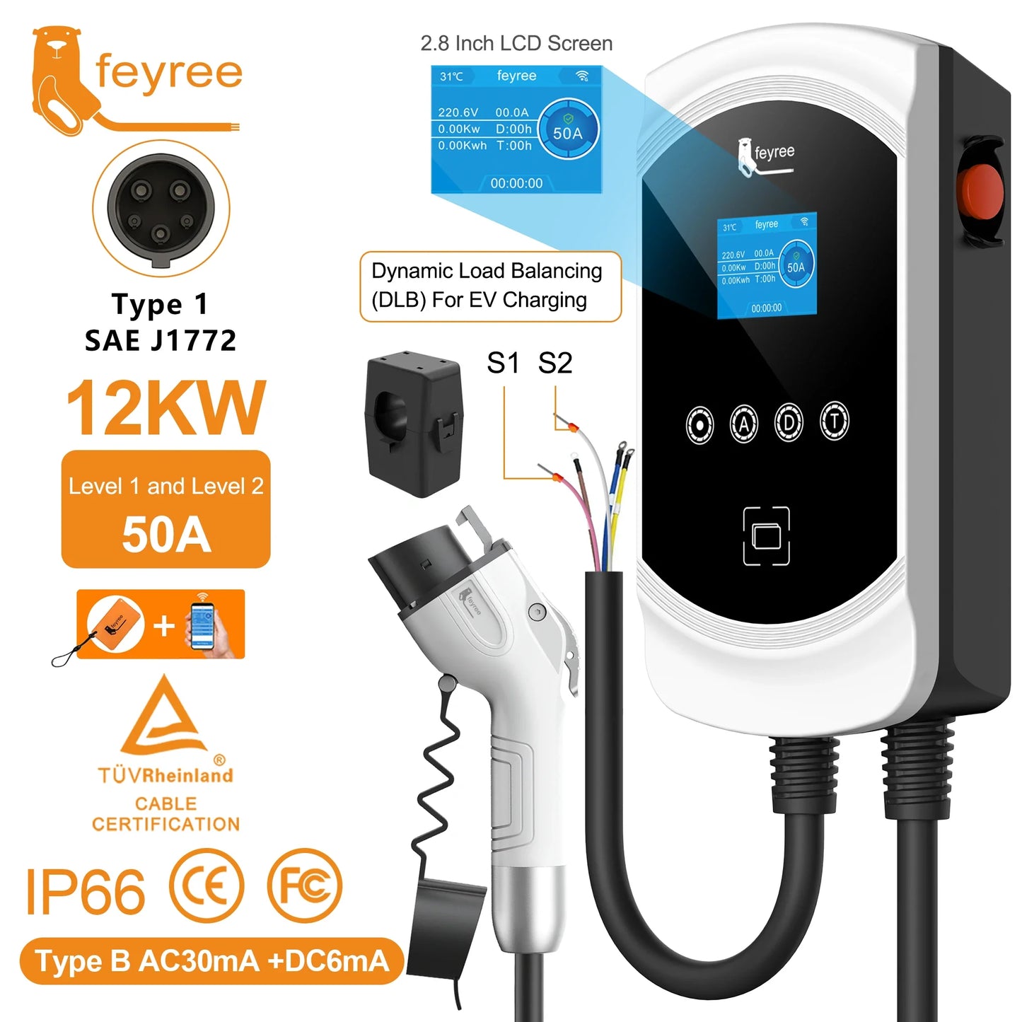 feyree DLB Function EV Charger Type1 EVSE Wallbox 32A 7.6KW 40A 9.6KW 50A 12KW 1P j1772 Adapter APP Control for Electric Vehicle by 54Grid - Renewable Energy Store