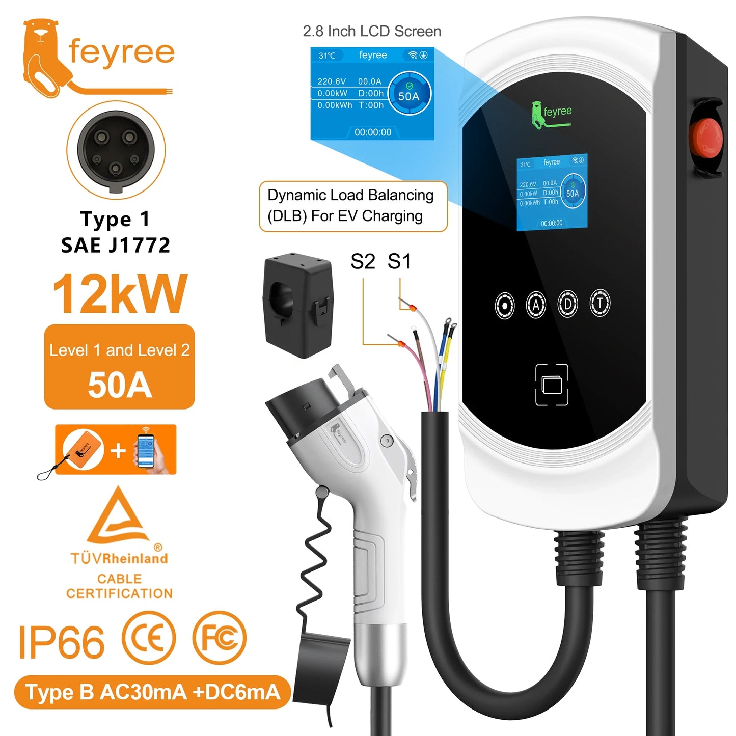feyree DLB Function EV Charger Type1 EVSE Wallbox 32A 7.6kW 40A 9.6kW 50A 12kW 1P j1772 Socket APP Control for Electric Vehicle