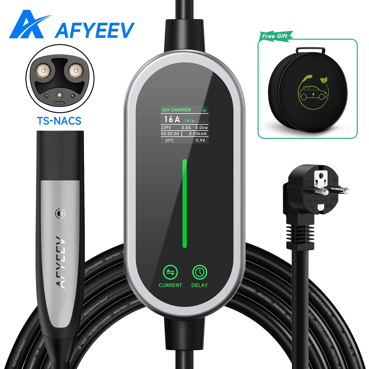 AFYEEV 16A 3600W Portable EV Charger For Tesla EU US Plug 5M TS-NACS Electric Car Charger For Tesla Model X/Y/S/3/Cybertruck