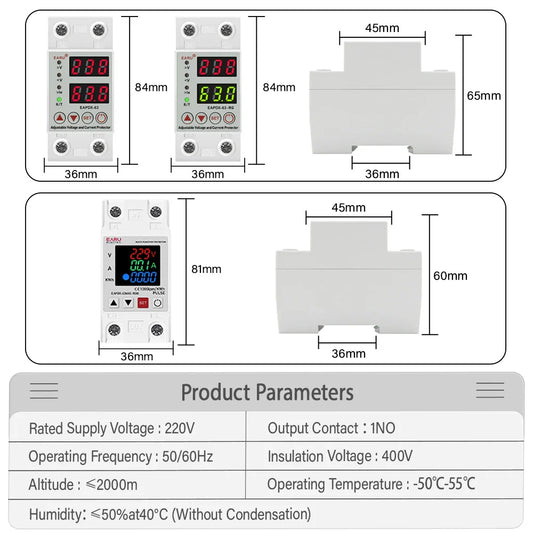 AC 40A 63A 230V Din Rail Adjustable Over Voltage Under Voltage Protective Device Protector Relay Over Current Protection Limit by 54Grid - Renewable Energy Store