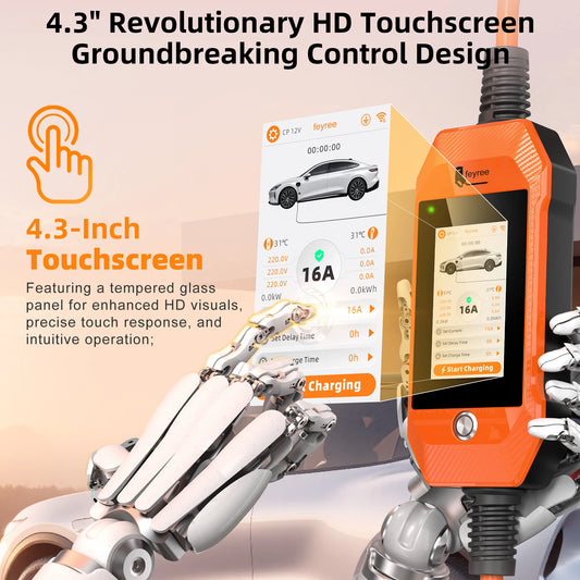 feyree Type2 11kW Portable 4.3''Touch Screen HomeUse EV Charger with DualTemp Protection & APP History Log for Electric Vehicles