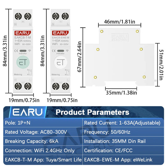 Tuya eWeLink WiFi Smart Circuit Breaker 1P+N 63A MCB Time Relay Switch Energy Meter kWh Voltage Current Protector Remote Control