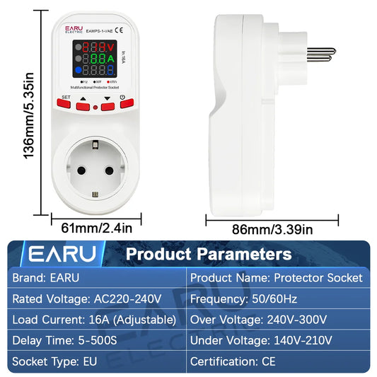 Voltage Surge Current Limiter Protector EU Socket Plug 16A AC230V 50/60Hz Power Energy Monitor kWh Meter Refrigerato Protector