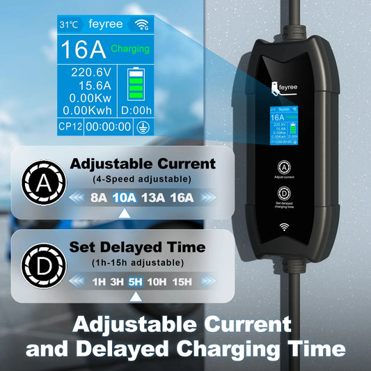 feyree GB/T Portable EV Charger 5m Cable with WIFI APP Control 16A 3.5KW Set Charging&DelayTime for EV Cars,Plug customizable
