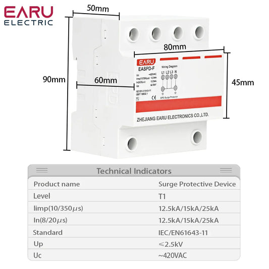 T1 SPD Lightning Surge Protector Switch Type for AC Power 12.5KA 15KA 25KA House Protective Low-voltage Arrester Device 420VAC