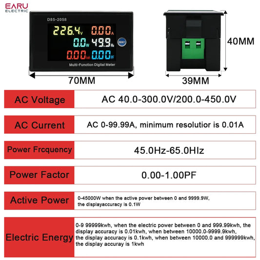 D85-2058 Single-Phase Household Digital LCD AC Panel Meter Intelligent Voltage Current Frequency Power Monitor by 54Grid - Renewable Energy Store
