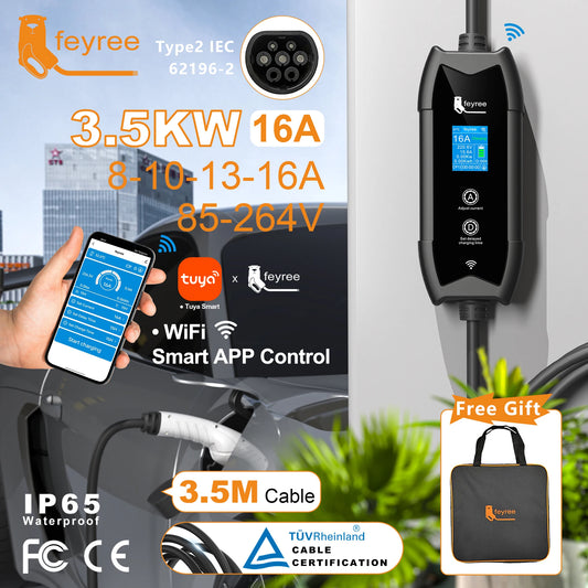 feyree Portable EV Charger Type2 IEC62196-2 EVSE Fast Charging 3.5M Cable EVSE Wallbox WiFi APP Bluetooth Wireless Control