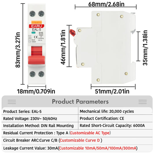 18MM 1P+N AC 230V Type A 6A-40A B C Curve RCBO MCB Residual Current Circuit Breaker Over Short Current 30mA Leakage Protection