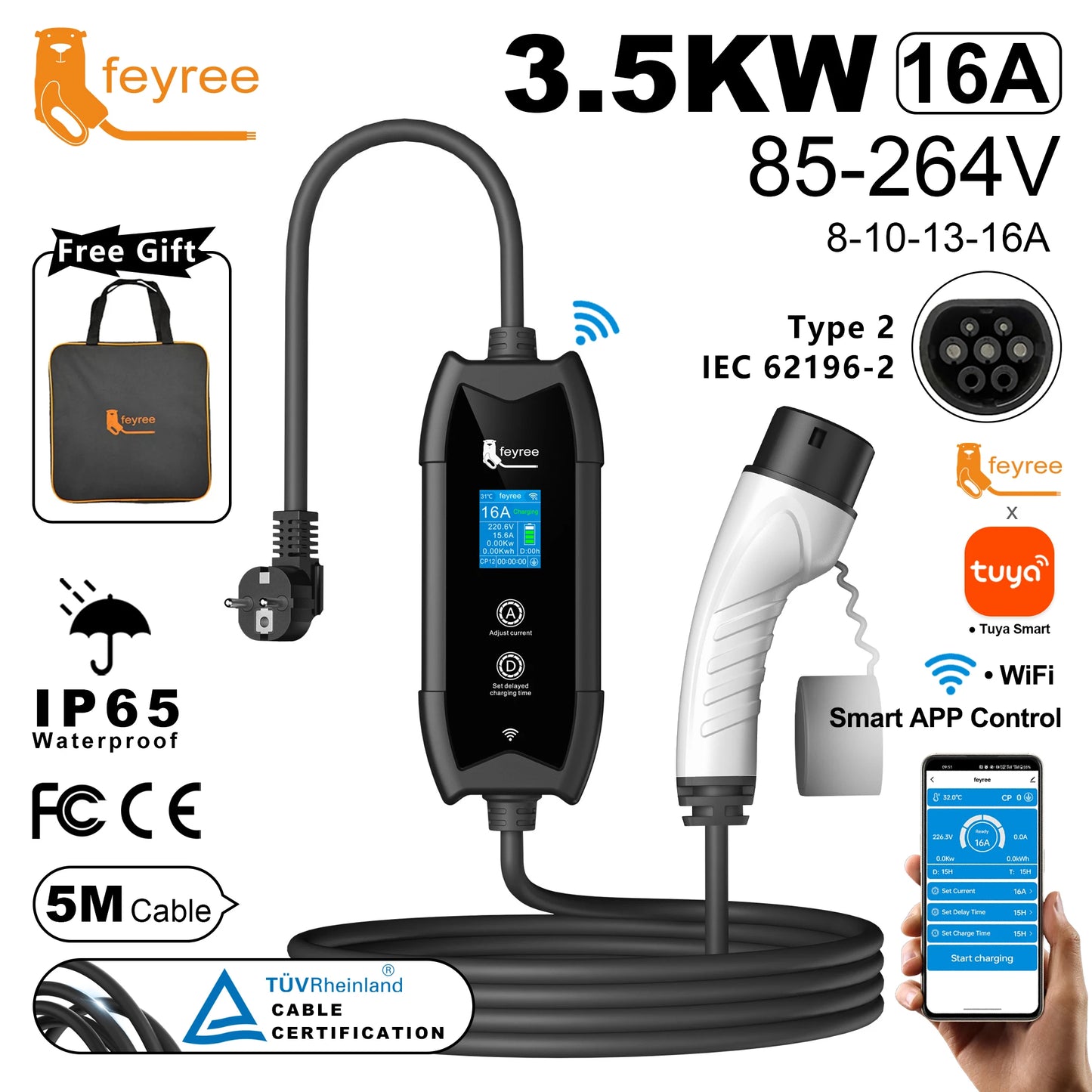 feyree Type2 EV Charger WIFI APP Control 16A 3.5KW GBT 5M Cable Type1 Portable Charging Box Set Charging&DelayTime for EV Cars