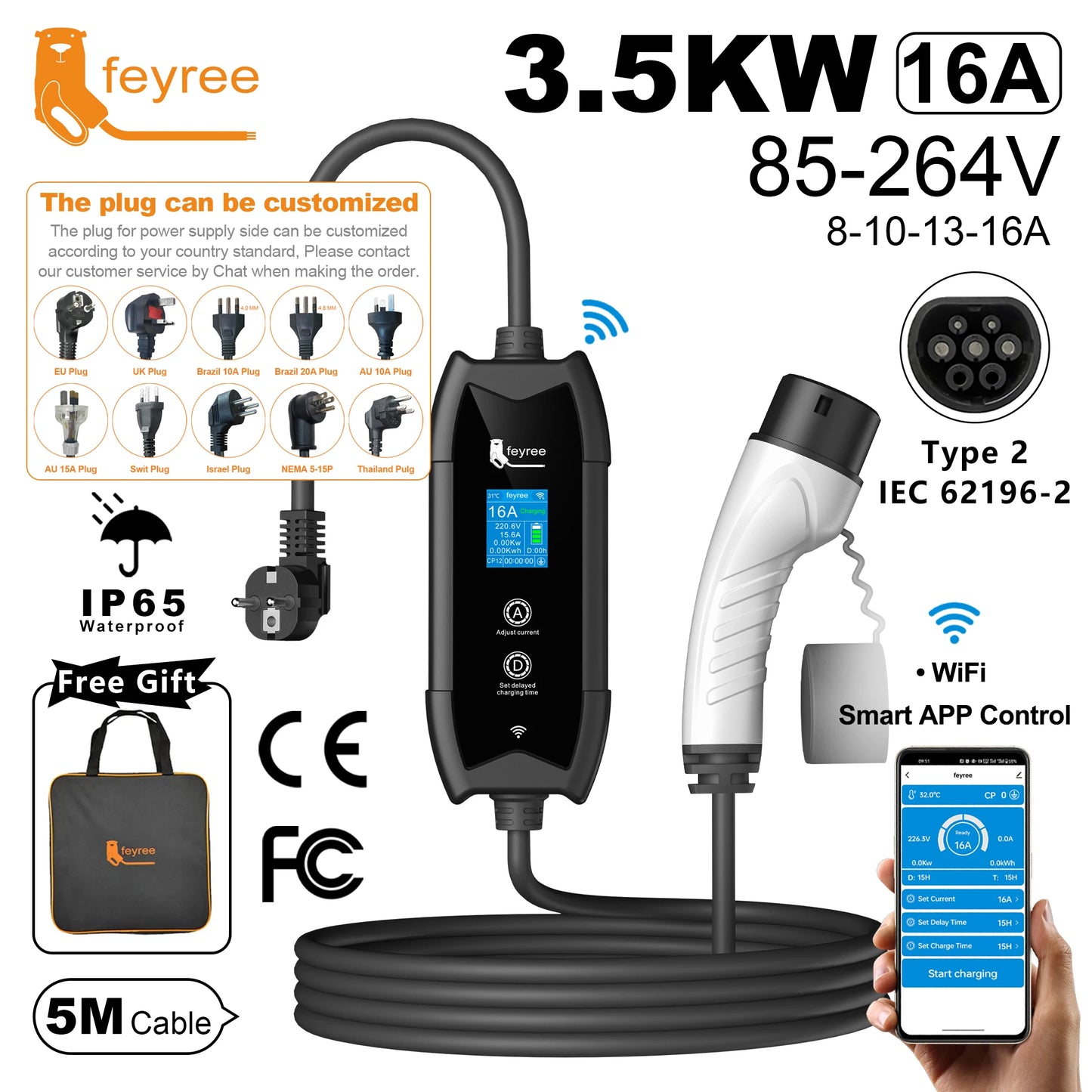feyree Type2 Portable EV Charger 5m Cable with WIFI APP Control 16A 3.5KW Set Charging&DelayTime for EV Cars,Plug customizable
